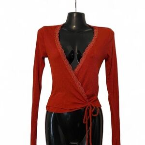 Urban outfitters burnt orange long sleeve wrap top with lace detail